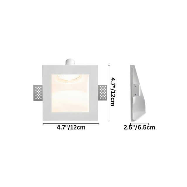 "White gypsum Onexa trimless wall light with dimensions showing 4.7 inches/12 cm square and 2.5 inches/6.5 cm depth."