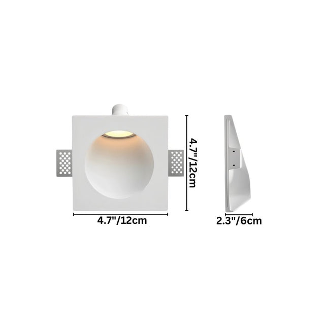 "White gypsum Onexa trimless wall light with dimensions showing 4.7 inches/12 cm square and 2.3 inches/6 cm depth."