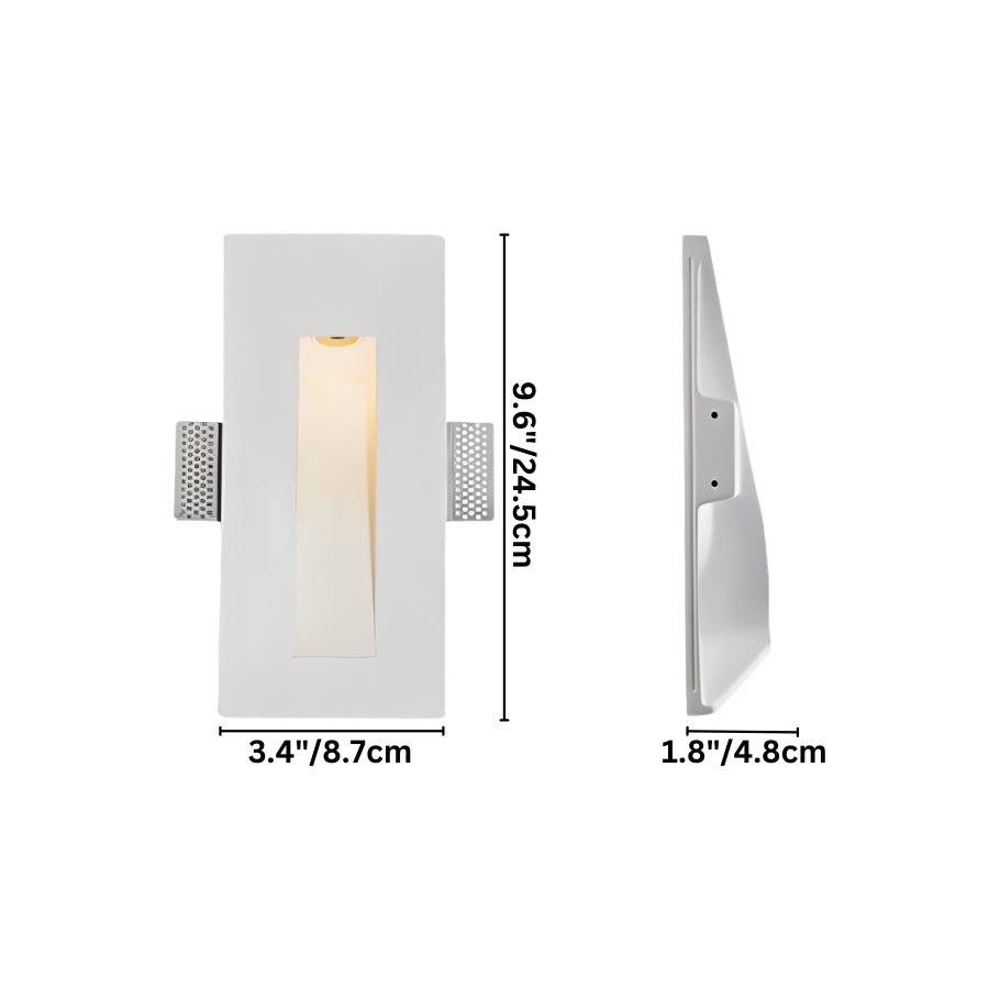 "White gypsum Onexa trimless wall light with dimensions showing 9.6 inches/24.5 cm height, 3.4 inches/8.7 cm width, and 1.8 inches/4.8 cm depth."