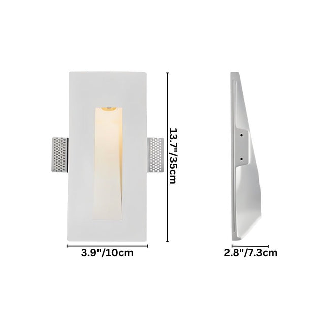 "White gypsum Onexa trimless wall light with dimensions showing 13.7 inches/35 cm height, 3.9 inches/10 cm width, and 2.8 inches/7.3 cm depth."