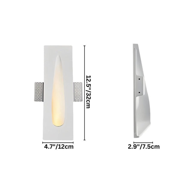 "White gypsum Onexa trimless wall light with dimensions showing 12.5 inches/32 cm height, 4.7 inches/12 cm width, and 2.9 inches/7.5 cm depth."