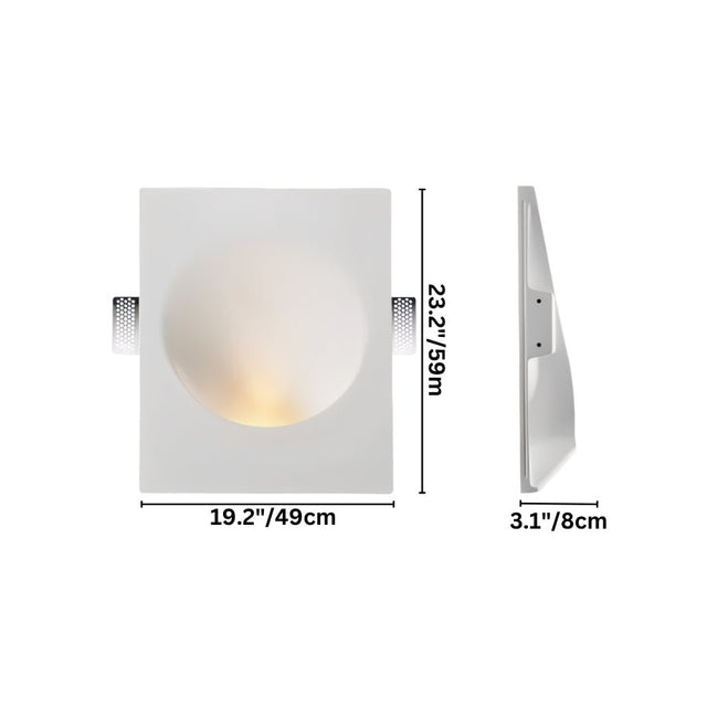 "White gypsum Onexa trimless wall light with dimensions showing 23.2 inches/59 cm height, 19.2 inches/49 cm width, and 3.1 inches/8 cm depth."