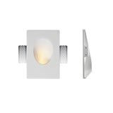 "White gypsum Onexa trimless wall light with an oval cutout, shown from front and side views on a white background."