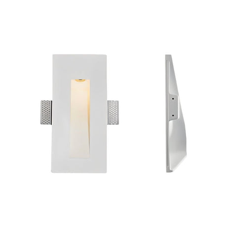 "White gypsum Onexa trimless wall light with a rectangular frame and narrow slit profile, shown from front and side views on a white background."