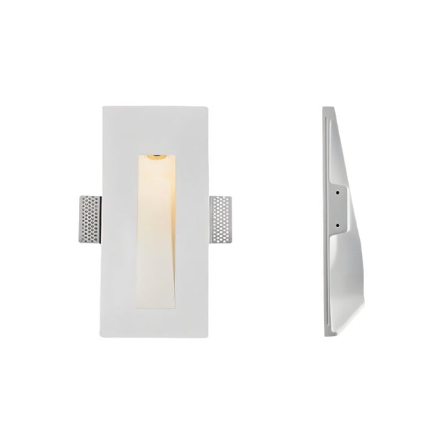 "White gypsum Onexa trimless wall light with a rectangular frame and narrow slit profile, shown from front and side views on a white background."