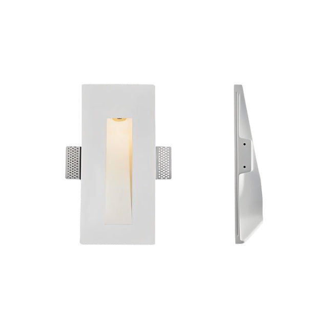 "White gypsum Onexa trimless wall light with a rectangular frame and narrow slit profile, shown from front and side views on a white background."