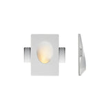 "White gypsum Onexa trimless wall light with a rectangular frame and oval dome profile, shown from front and side views on a white background."