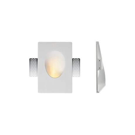 "White gypsum Onexa trimless wall light with a rectangular frame and oval dome profile, shown from front and side views on a white background."