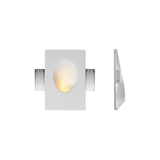 "White gypsum Onexa trimless wall light with a rectangular frame and oval dome profile, shown from front and side views on a white background."
