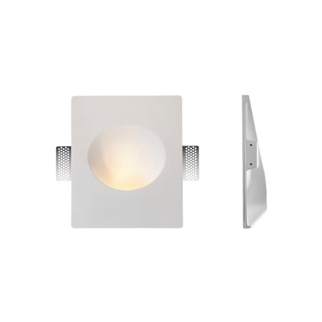 "White gypsum Onexa trimless wall light with a rectangular frame and round dome profile, shown from front and side views on a white background."