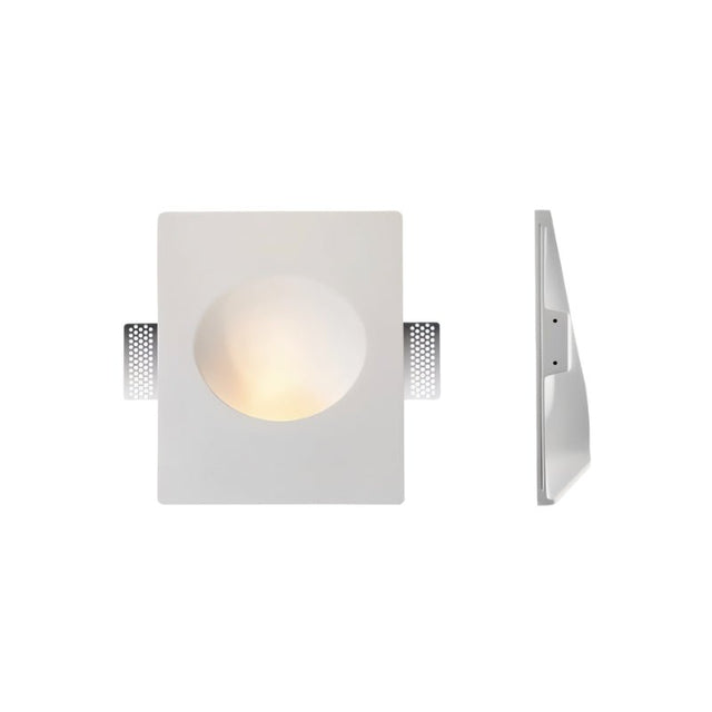 "White gypsum Onexa trimless wall light with a rectangular frame and round dome profile, shown from front and side views on a white background."