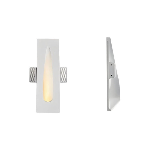 "White gypsum Onexa trimless wall light with a rectangular frame and elongated slit profile, shown from front and side views on a white background."