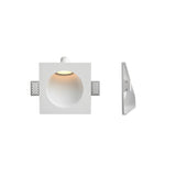"White gypsum Onexa trimless wall light with a square frame and dome profile, shown from front and side views on a white background."