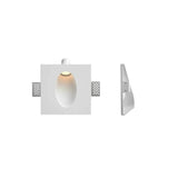 "White gypsum Onexa trimless wall light with a square frame and oval dome profile, shown from front and side views on a white background."