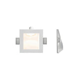 "White gypsum Onexa trimless wall light with a square frame and recessed light, shown from front and side views on a white background."