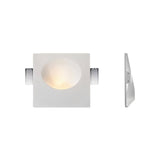 "White gypsum Onexa trimless wall light with a square frame and round dome profile, shown from front and side views on a white background."