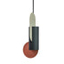 # Pendant light with sage green top, charcoal cylindrical shade, and terracotta sphere, suspended against white background.