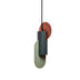 Pendant light with dark gray cylindrical shade and terracotta and sage green circular backplates on white background.