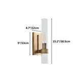 "Dimensions of a modern brass wall lamp with a cylindrical glass shade: 15.2 inches in height, 5 inches in width, and 4.7 inches in depth."