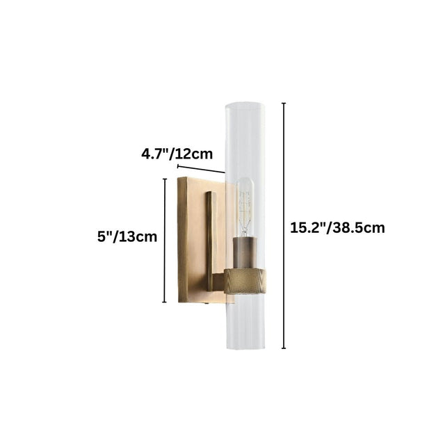 "Dimensions of a modern brass wall lamp with a cylindrical glass shade: 15.2 inches in height, 5 inches in width, and 4.7 inches in depth."