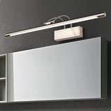 "A modern, silver LED wall lamp mounted above a bathroom cabinet with a mirror panel."