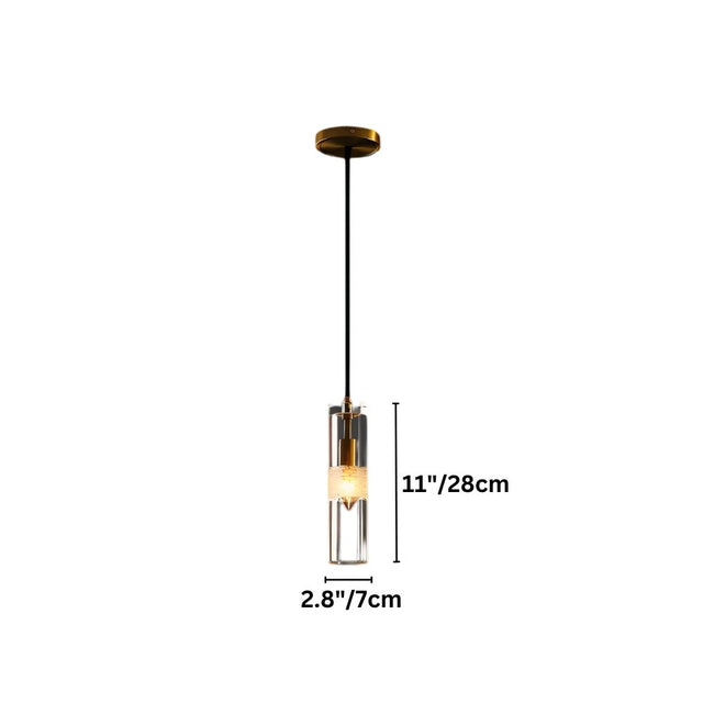 "Dimensions, 11 inches tall and 2.8 inches wide, of a modern pendant light with a clear textured glass shade."