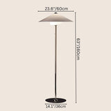 "Dimensions of the Oriel floor lamp showing 63" height, 23.6" width, and 14.1" base diameter, made from aluminum, iron, and fabric, designed for modern interiors."