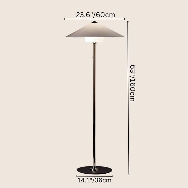 "Dimensions of the Oriel floor lamp showing 63" height, 23.6" width, and 14.1" base diameter, made from aluminum, iron, and fabric, designed for modern interiors."