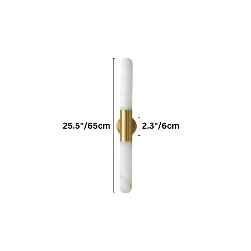 "Dimensions of a modern vertical wall lamp featuring an alabaster shade and metallic center."