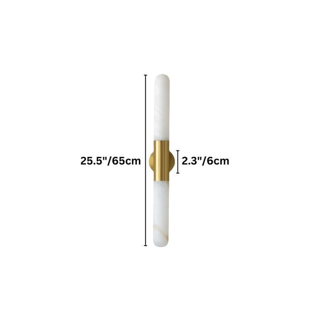 "Dimensions of a modern vertical wall lamp featuring an alabaster shade and metallic center."