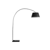 "A modern arc floor lamp with a black metal frame, a black fabric shade, and a black marble base on a white background."