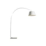"A modern arc floor lamp with a white metal frame, a white fabric shade, and a white marble base on a white background."