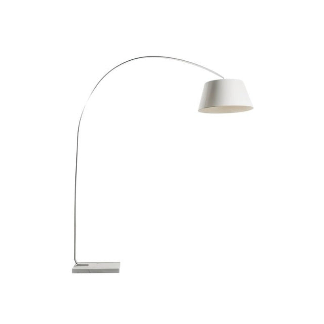 "A modern arc floor lamp with a white metal frame, a white fabric shade, and a white marble base on a white background."