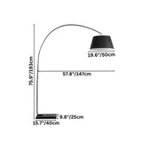 "A modern arc floor lamp with a black metal frame, a black fabric shade, and a marble base, with size dimensions overlaid on a white background."