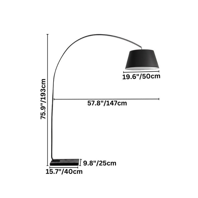 "A modern arc floor lamp with a black metal frame, a black fabric shade, and a marble base, with size dimensions overlaid on a white background."
