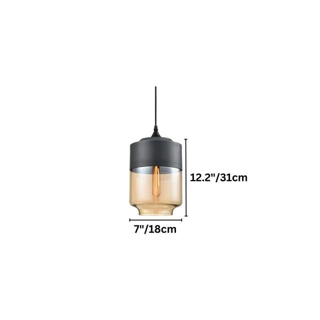 "A modern pendant light with a grey cap and amber glass shade, showing dimensions of 12.2 inches and 7 inches, suspended by a thin black cord."