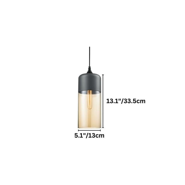 "A modern pendant light with a grey cap and amber glass shade, suspended by a thin black cord."