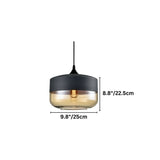 "A modern pendant light with a grey cap and amber glass shade, showing dimensions of 8.8 inches and 9.8 inches, suspended by a thin black cord."