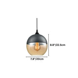 "A modern pendant light with a grey cap and amber glass sphere shade, showing dimensions of 8.8 inches and 7.8 inches, suspended by a thin black cord."