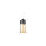 "A modern pendant light with a grey cap and amber glass shade, suspended by a thin black cord."