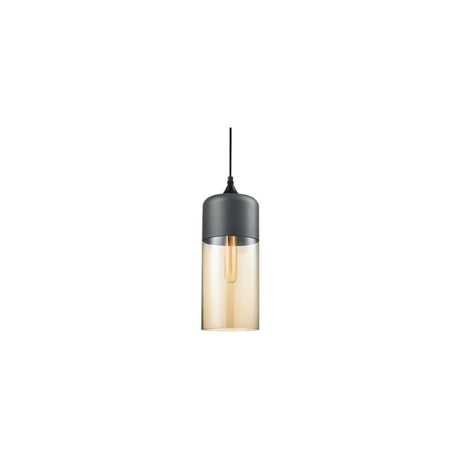 "A modern pendant light with a grey cap and amber glass shade, suspended by a thin black cord."
