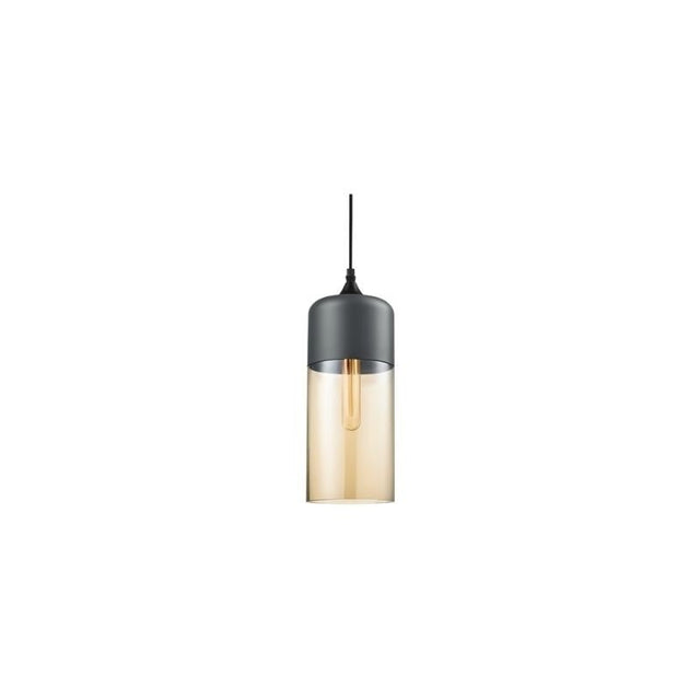 "A modern pendant light with a grey cap and amber glass shade, suspended by a thin black cord."