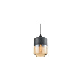 "A modern pendant light with a grey cap and amber glass shade in a distinct shape, suspended by a thin black cord."