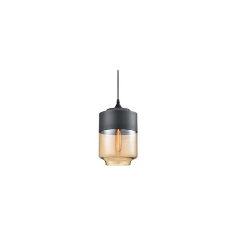 "A modern pendant light with a grey cap and amber glass shade in a distinct shape, suspended by a thin black cord."