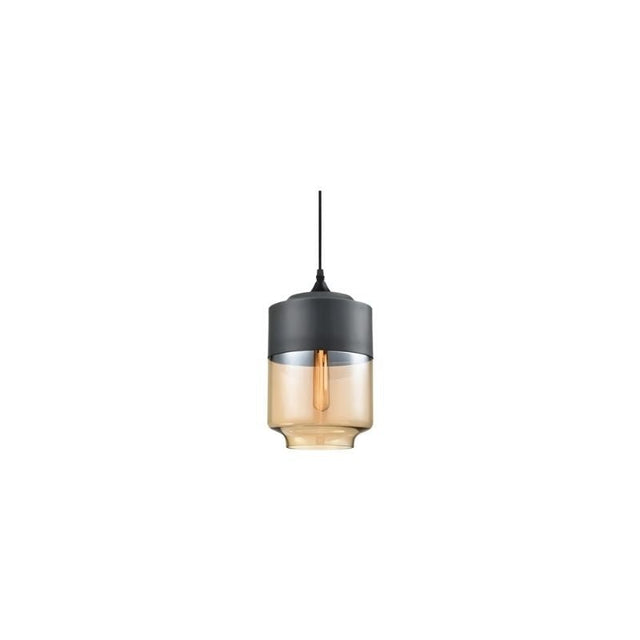 "A modern pendant light with a grey cap and amber glass shade in a distinct shape, suspended by a thin black cord."
