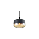 "A modern pendant light with a grey cap and round amber glass shade, suspended by a thin black cord."