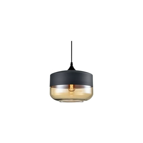 "A modern pendant light with a grey cap and round amber glass shade, suspended by a thin black cord."
