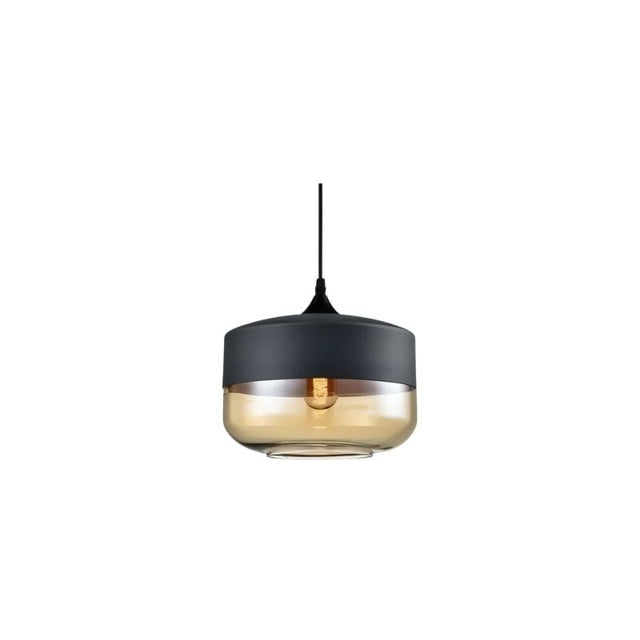 "A modern pendant light with a grey cap and round amber glass shade, suspended by a thin black cord."
