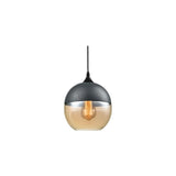 "A modern pendant light with a grey cap and amber glass sphere shade, suspended by a thin black cord."