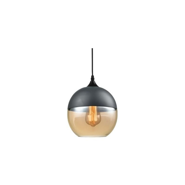 "A modern pendant light with a grey cap and amber glass sphere shade, suspended by a thin black cord."